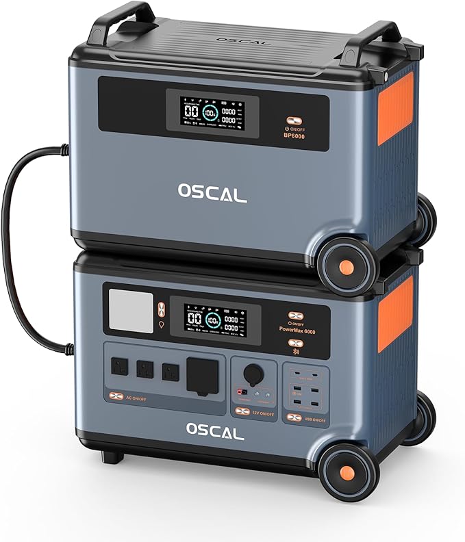 OSCAL 6000W/7200Wh Solar Power Station PowerMax 6000 with 3600Wh Expansion Battery, Expand Capacity from 3600Wh to 7200Wh, Solar Generator for Home Backup, Emergency, Outdoor Camping