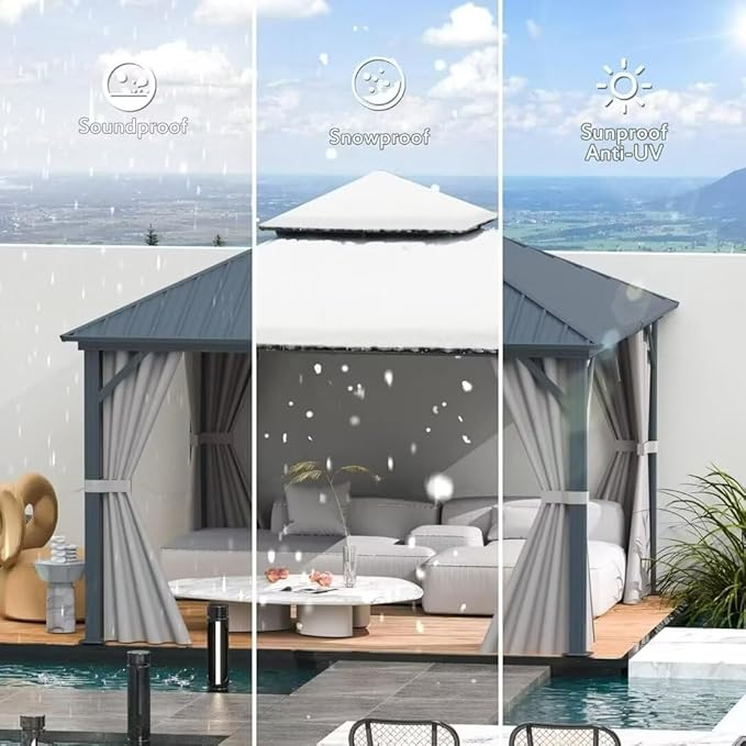Domi 12’ X 12’ Hardtop Gazebo Canopy with Netting & Curtains, Outdoor Metal Gazebo with Galvanized Steel Double Roof for Patio Lawn and Garden, Gray
