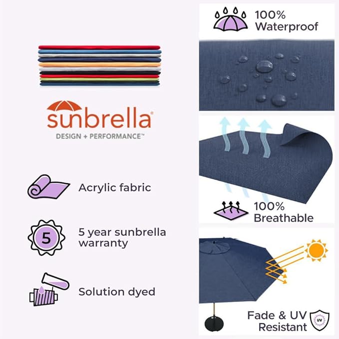 Midtown Umbrellas The Wooden 8 Feet Patio Umbrella With Sunbrella Spectrum Indigo Acrylic Fabric - Aluminum Frame Market Umbrella For Backyard, Deck, Garden, Pool - Wooden Pole