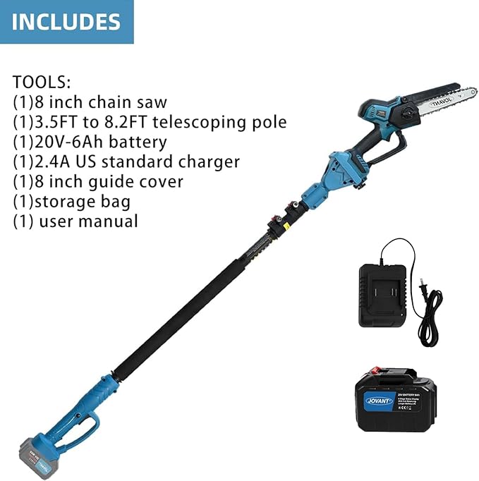 Cordless Pole Saw with 1 Max 20V*6Ah Battery, 8inch Chainsaw and Pole Tree Trimmer. Electric Pole Saw and Branch Cutter Battery Powered,15-Feet Reach for Tree Trimming and Pruning Saw with Bag