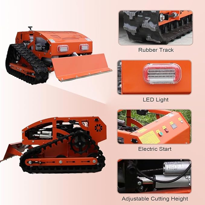 Gasoline Powered Remote Control Lawn Mowerwith Snow Plow, 9HP Crawler Mower with 600m Range for Steep Hills and Orchards (Orange/Snow Shovel)