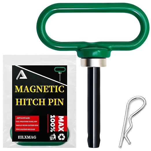 Magnetic Hitch Pin, Lawn Mower Trailer Hitch Pins 1/2 Inch - Strong Heavy Duty Magnet Trailer Gate Pin for Mowers, Lawn Tractors, Towing Cargo, ATV - Simple One Handed Hook On & Off（Green）