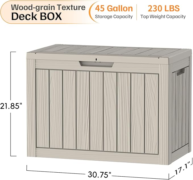 45 Gallon Deck Box, Small Outdoor Storage Box Waterproof, UV-Resistant and Weatherproof Outside Resin Storage Bin for Outdoor Patio Furniture Pillows, Pool Supplies, Garden Tools, Light Brown