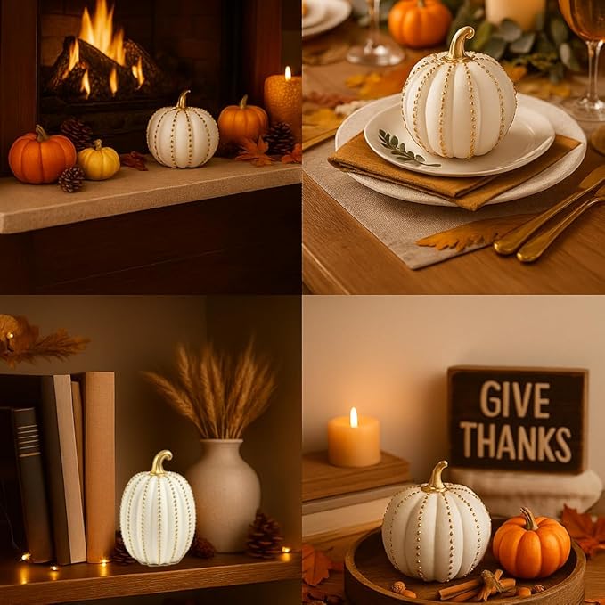 iStatue Set of 2 Decorative Pumpkins – Elegant Beaded Resin Fall Decorations, Thanksgiving Table Centerpiece, Autumn Home Decor, Glam Farmhouse Style (White)