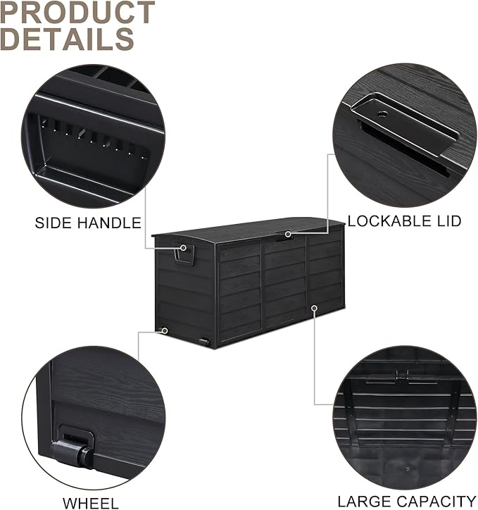 VINGLI 75 Gallon Resin Outdoor Deck Box, 75 Gallon Patio Storage Box with Side Handles, Lockable Storage Containers for Patio Furniture Cushions, Pool Accessories, Garden Tools, Full Black