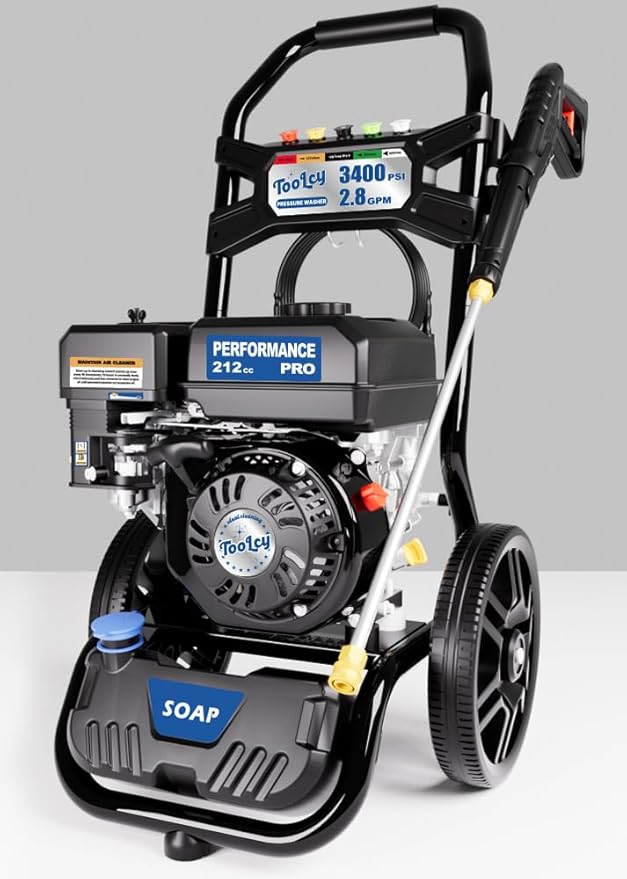 TOOLCY 3400 PSI Gas Pressure Washer, High-Performance 212cc OHV Engine, Reinforced Pump. Onboard Soap Tank, 30FT Hose, Spray Gun & 5 Nozzles, Max 2.8 GPM, Great for