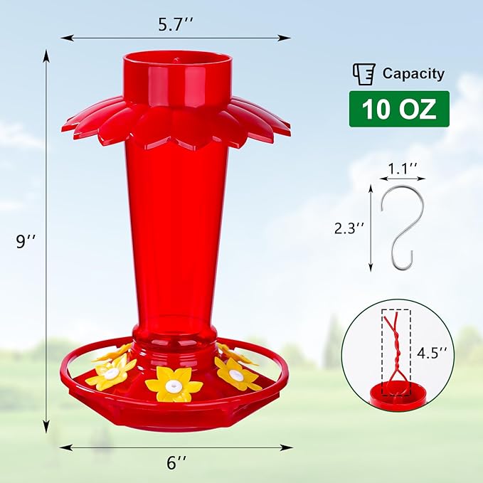 Plastic Hummingbird Feeders for Outdoors Hanging, 10 OZ Red Humming Bird Feeder with 6 Feeding Ports and Perch, Built-in Ant Moat, Gifts for Women Garden Decor, 1 Pack