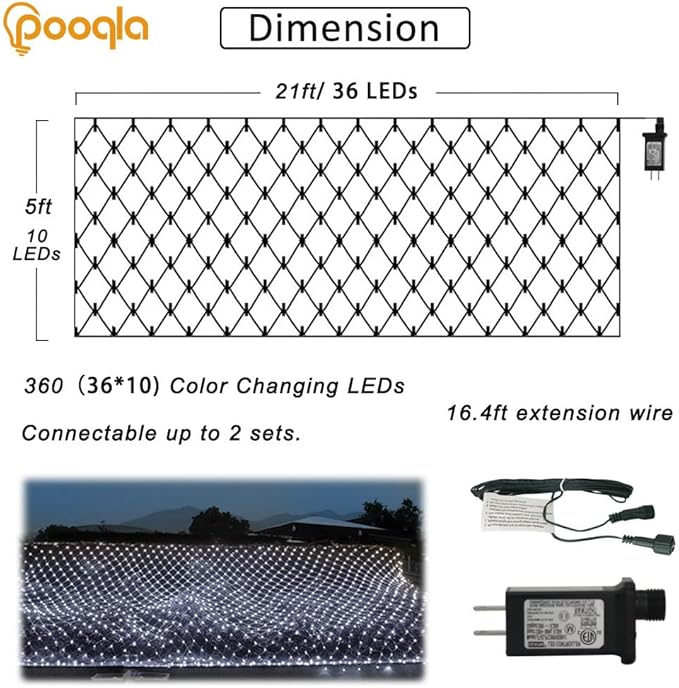 Cool White Net Lights, 360 LED Outdoor Christmas Net String Lights, 21 ft x 5 ft Large Net Mesh String Lights, 8 Modes Twinkle Lights Connectable Plug in for Bushes Halloween Yard Garden Party Decor
