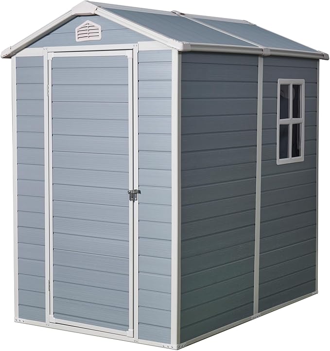 4x6ft Outdoor Storage Shed, Resin Patio Furniture Storage with Lockable Door, All-Weather，Garden Shed Kit with Reinforced Floor & Natural Light Window，UV Protection， (Gray, 4x6ft)
