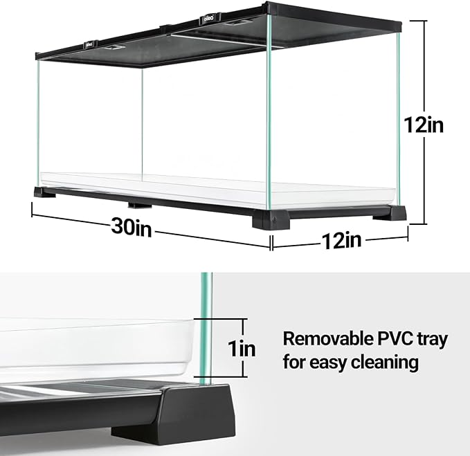 OiiBO 20 Gallon Reptile Tank, 30" x 12"x 12" Glass Terrarium Top Feeding & Dual Sliding Door Screen Ventilation with Easy Clean PVC Tray for Reptile Snake Hamster Small Animals
