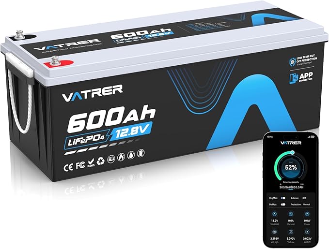 12V 600Ah Bluetooth Lithium LiFePO4 Battery, 300A BMS Rechargeable LiFePO4 Battery, High/Low Temperature Protection, 3840W Max Load Power for RVs, Solar, Boats, Off-Grid,Home Energy Storage,etc.