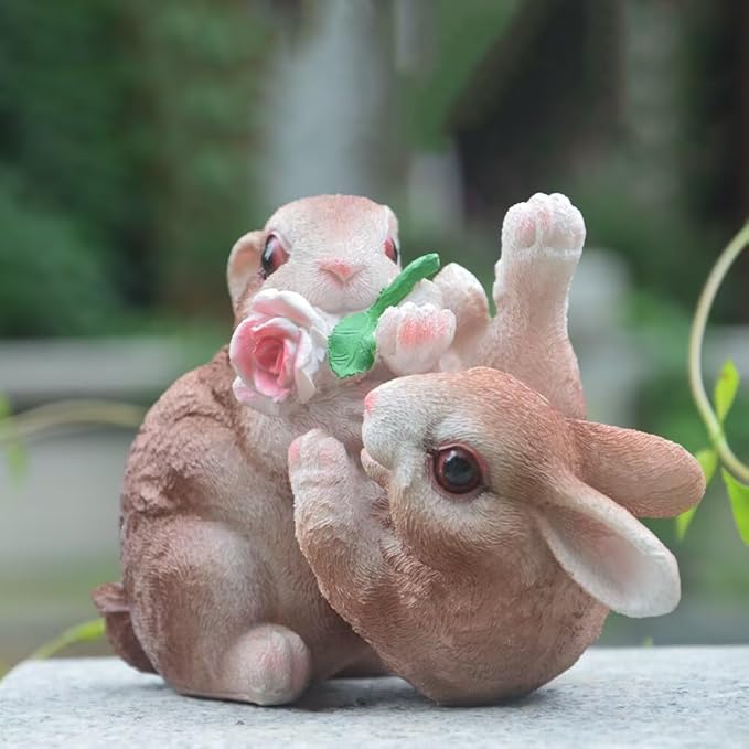 Garden Statues Bunny Decor Resin Flower Rabbit Figurine Cute Fairy Garden Decor Outdoor Statues for Patio Yard Porch Balcony Gifts for Women Mom Grandma Brown
