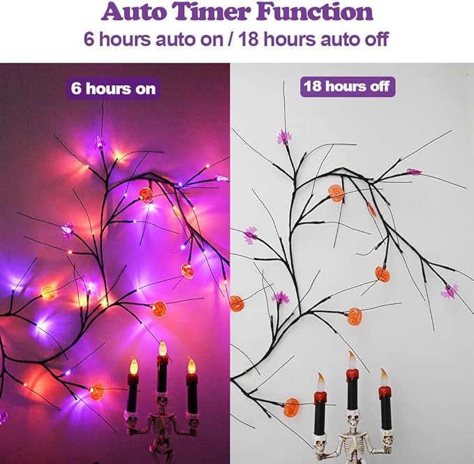 Halloween Decor Lights 8.8 Ft 72 LED Willow Vine Twig with Timer Battery Operated Garland Light 12 LED Pumpkin 12 LED Bats and 48 Lights Halloween Party Decoration for Home Wall Fireplace