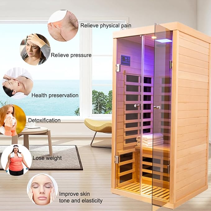 Hemlock 1 Person Infrared Sauna for Home, Luxury Personal Indoor Sauna Spa, 1420w/120v Ultra Low EMF Infrared Sauna, App&LCD Panel Controls, Bluetooth Speakers, Chromotherapy Lights, Reading