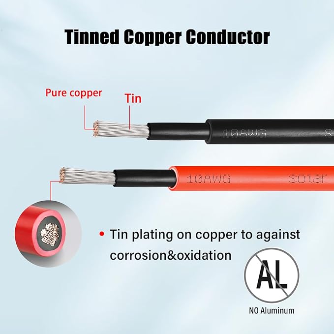 10 AWG Solar Cable 50FT Red + 50FT Black Tinned Copper Wire, 10 Gauge Solar Panel Wire for RV, Automotive, Trailer, Marine, Outdoors