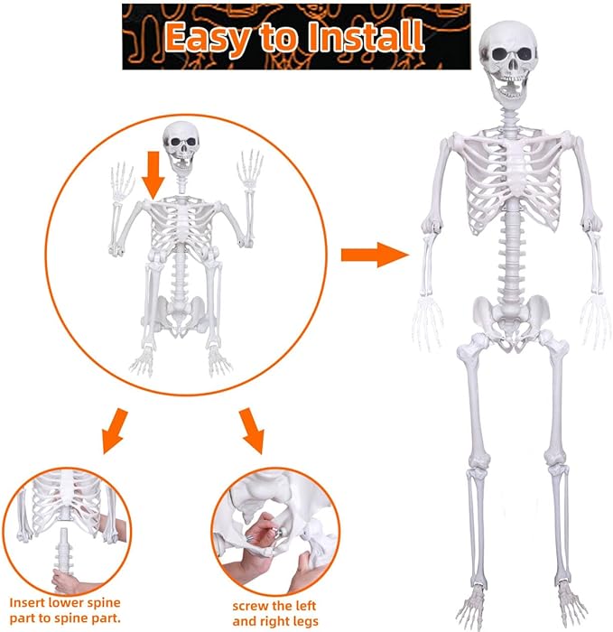 5.4Ft Halloween Life Size Skeleton,2PCS Posable Skeleton Full Body Size Realistic Human Bones with Movable Joints for Indoor Outdoor Halloween Decoration (Grey)
