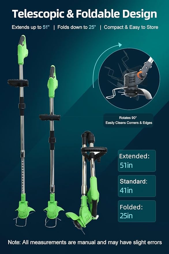 Cordless String Trimmer, Weed Wacker, Nylon Trimmer Head as Its Core Cutting Accessory, Telescopic Shaft and Foldable, 2 x Batteries, String Trimmer Cordless for Lawn, Garden and Yard, Green