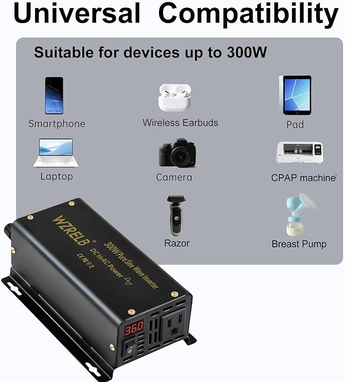 WZRELB 300W Pure Sine Wave Power Inverter 600W Peak DC 24V to 110V AC Car Adapter Off Grid with LED Display