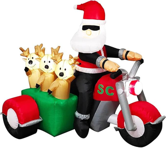 Fraser Hill Farm 6-Ft. Tall Santa on Motorcycle with Reindeer Sidecar Blow Up Inflatable with Lights, Outdoor Christmas Inflatable Decoration for Lawn and Yard, Giant Festive Holiday Decor