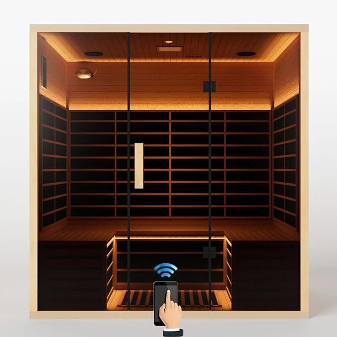 Low EMF Far Infrared Sauna for 4 Person, Canadian Hemlock Wood Sauna Room with Tempered Glass Door, WiFi Control, 220V, 12 Infrared Heaters, 3250W, Reading & 7-Color Starry Light, Oxygen Bar, Speaker