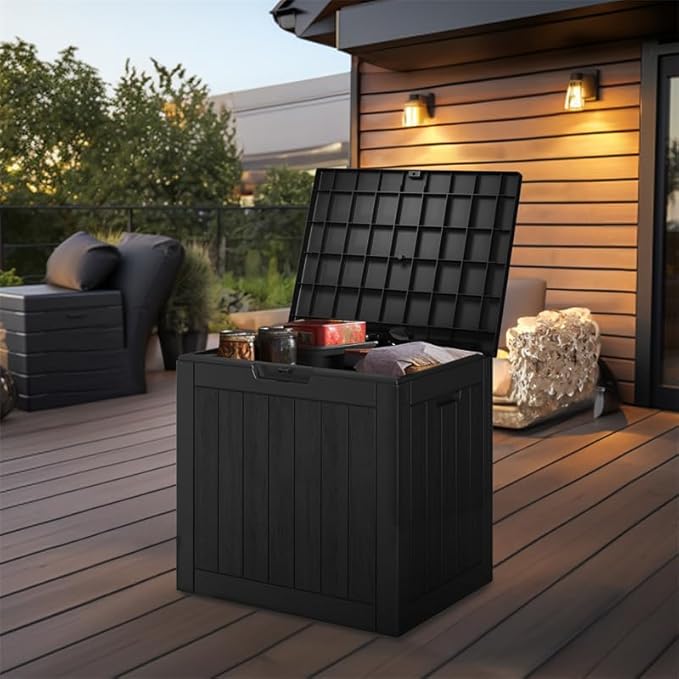 30 Gallon Outdoor Storage Box – Resin Deck Box with Lockable Lid, Waterproof Patio Furniture Storage for Tools, Garden & Yard Organization(Black