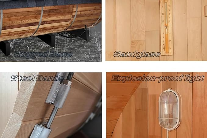 Fully Customize Barrel Sauna 4-8 Person, Hybrid Heating Option, Canadian Red Cedar, Glass Window Option, Scenic Porch, Wood Burning Stove,Harvia Heaters, Infrared Sauna,Red Light Therapy Device