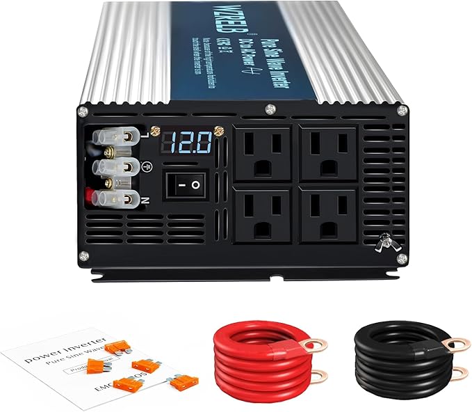 WZRELB 5000W Pure Sine Wave Inverter 12V DC to 110V 120V AC Power Converter with LED Display, Hardwire Terminal,Off-Grid Portable Power Inverter with 4 AC Outlets for Home, RV, Truck, Camping