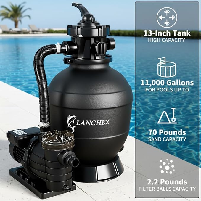 LANCHEZ 13" Sand Filter Pump for Above Ground Pool, 3/4 HP, Max 3500 GPH for Pools Up to 11000GAL, 6-Way Valve Pool Sand Filter System with Strainer Basket, Enhanced Circulation for Crystal-Clear Pool
