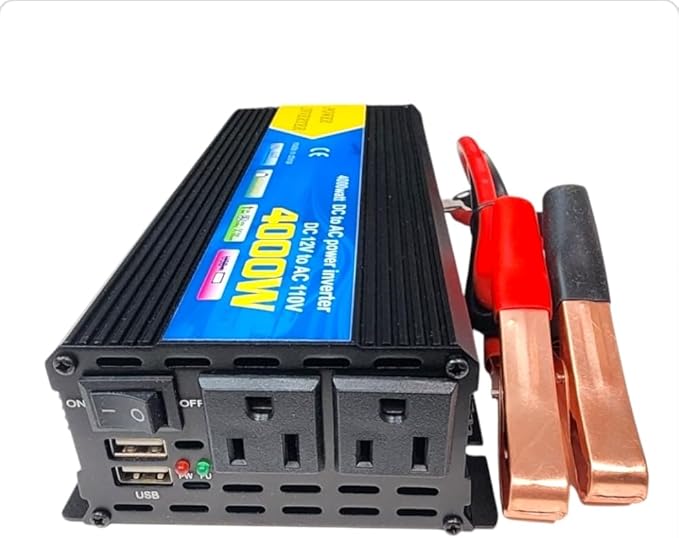 High-Power DC to AC Power Inverter – 12V to 110V/120V Converter with Dual USB Ports, Dual AC Outlets, Cigarette Lighter Adapter, Battery Cable for Cars, Trucks, RVs, Camping,Home Backup (Black, 4000W)
