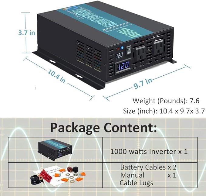 WZRELB 1000W 12V 120V Pure Sine Wave Power Inverter with 2 AC Outlets,Car Inverter
