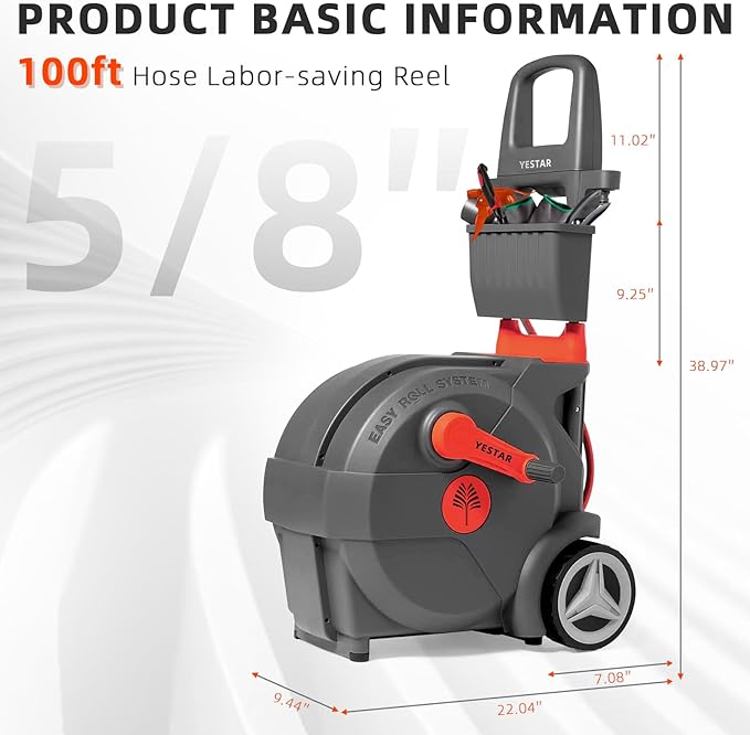 Hand-Crank Garden Hose Reel 5/8" x 100ft, Heavy Duty Garden Water Hose Reel, Removable, Any Length Lock, Hand Crank Effortless Rewind System, 4-Pattern Nozzle