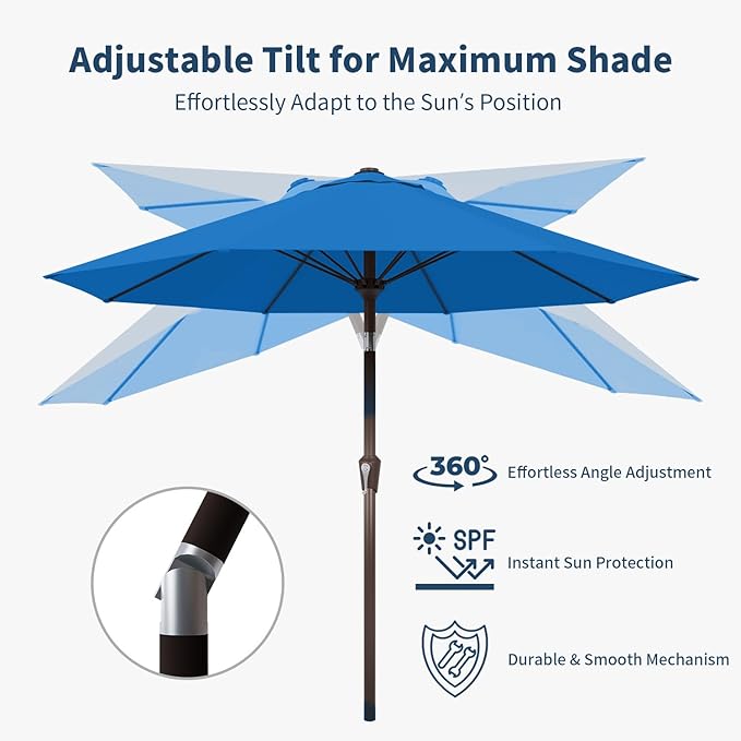 9FT Patio Umbrella with Fiberglass Ribs, Outdoor Market Table Umbrella with Crank and Tilt, UV Resistant Waterproof Canopy for Patio, Garden, Deck, Pool, Royal Blue