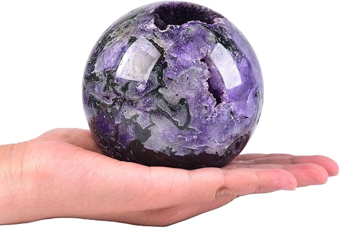 JIC Gem Purple Moss Agate Crystal Sphere Large Quartz Crystal Ball with Stand Healing Ornament Witchcraft Meditation Decor 3.5-4 inch(90-100mm)