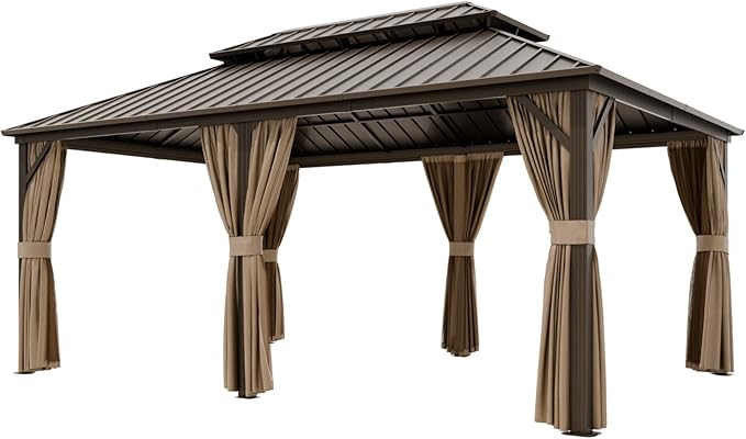 COOS BAY 12x18 Hardtop Gazebo with Aluminum Frame, Galvanized Steel Double Roof Outdoor Pavilion with Netting and Curtains, Dark Brown/Tan