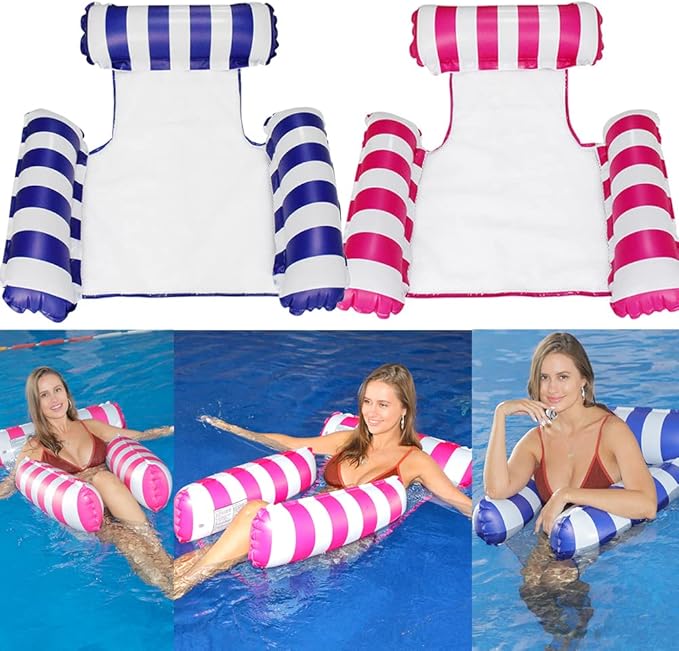 HJW 2-Pack Inflatable Pool Lounger Chair - Multi-Purpose Floating Hammock for Adults, Comfortable Pool Float Raft for Swimming Pool & Water Activities(Striped Dark Blue + Rose red)