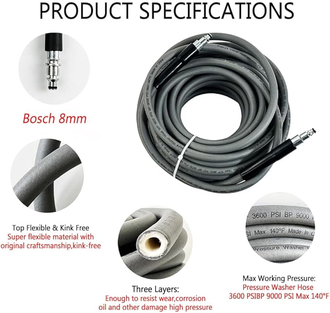 5800PSI/400Bar Ultra Flexible Pressure Washer Hose for Bosch Home Cleaning, 5M-30M High Pressure Extension Tube with Quick-Connect Adapter,(Red/Blue/Yellow/Green/Grey/Orange/Light Blue)(Grey,50FT)