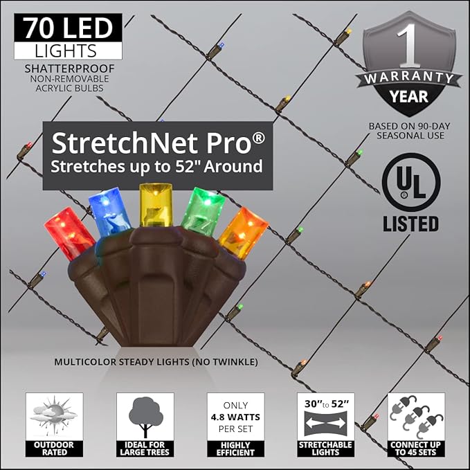 70 Multicolor StretchNet Pro Expandable Christmas Net Lights for Large Trees, LED Tree Wrap Lights - 30" x 45" Stretchable Net - Brown Wire Outside Christmas Lights