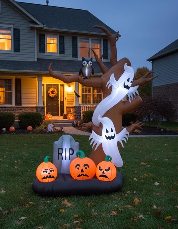 9 Foot Tall Halloween Inflatable Tree with Ghosts, Pumpkins, Owl and Tombstone LED Lights Decor Outdoor Indoor Holiday Decorations, Blow up Lighted Yard Decor, Lawn Inflatables Home Family Outside