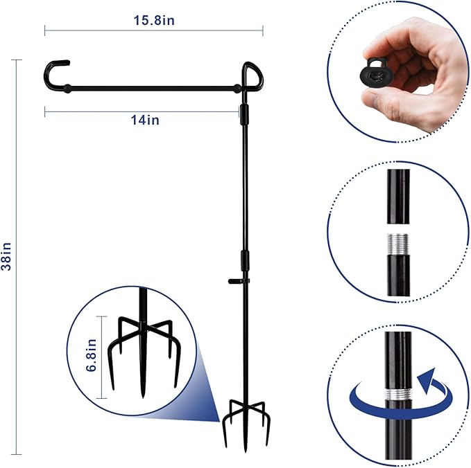 TOPFLAGS Garden Flag Stand with American Flag Garden Flag Heavy Duty Metal Yard Flag Holder Pole Stake Small Flag Stands for Garden Flags 12 x 18 with Clips and Stopper