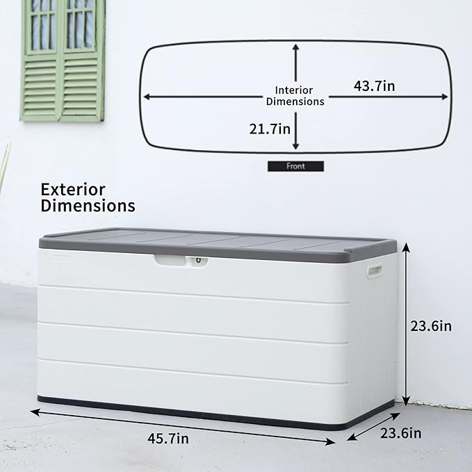 110 Gallon Outdoor Deck Box, Outside Storage Box Waterproof for Cushion Storage, Garden Tools, Lockable Outdoor Storage Bin, Light Beige
