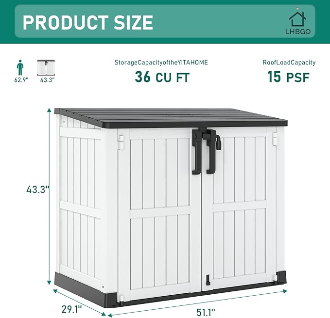 KAMABOKO Outdoor Storage Cabinet 36 Cu.Ft Outdoor Trash Can Storage Shed Waterproof Horizontal Storage Shed Outdoor Storage for Backyard, Patio, Poolside (White)