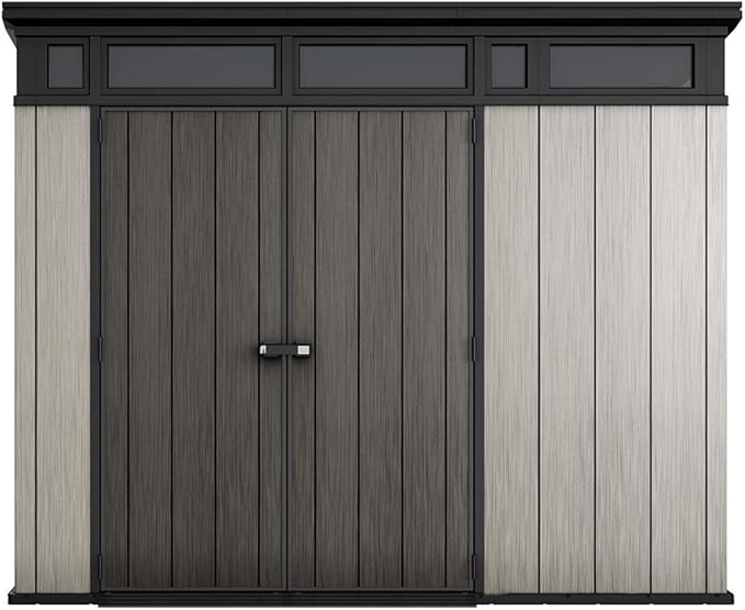 Keter Artisan 9x7 Foot Large Outdoor Shed with Floor with Modern Design for Patio Furniture, Lawn Mower, Tools, and Bike Storage, feet, Grey/Black