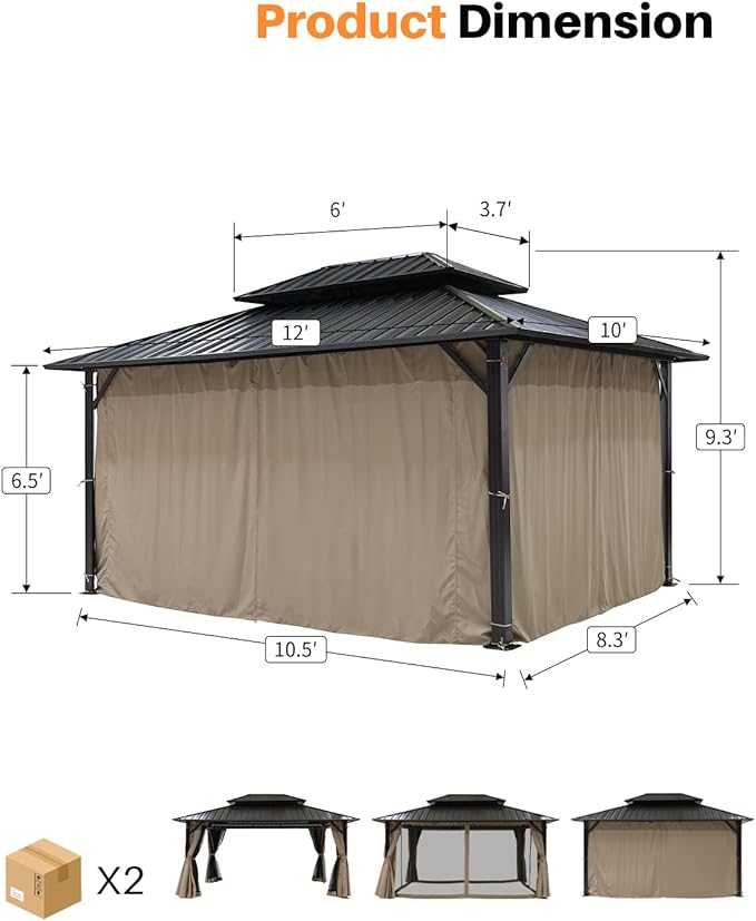 10' x 12' Hardtop Gazebo, Aluminum Frame Outdoor Patio Gazebo with Netting and Curtains, Outdoor Hardtop Gazebos, Patio Pergolas with Double Metal Roofs for Backyard, Patio, Deck, Sandstone