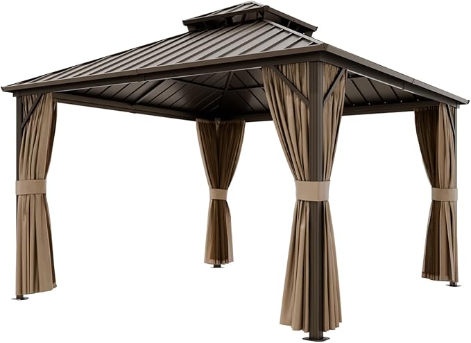 COOS BAY 12x12 Hardtop Gazebo with Aluminum Frame, Galvanized Steel Double Roof Outdoor Pavilion with Netting and Curtains, Dark Brown/Tan