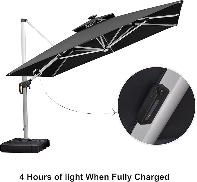 PURPLE LEAF 11 Feet Solar Powered LED Square Cantilever Umbrella With Base Patio Umbrellas Windproof Hanging Umbrella Outdoor Offset Umbrellas, Black