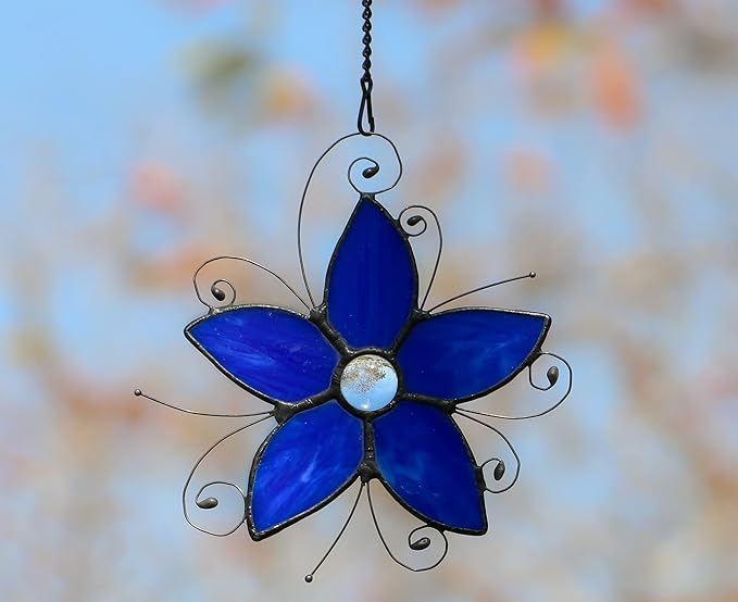 Forget-me-not Stained Glass Window Hangings, Forget Me Not Flower Suncatcher for Window,Stained Glass Flowers, Birthday Gifts for Women and Flower Lovers (Blue)