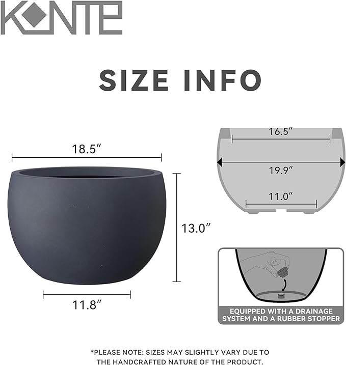 Kante 19.9" Dia Round Concrete Planter, Outdoor/Indoor Large Bowl Plant Pots with Drainage Hole and Rubber Plug for Garden Patio Balcony Home, Charcoal
