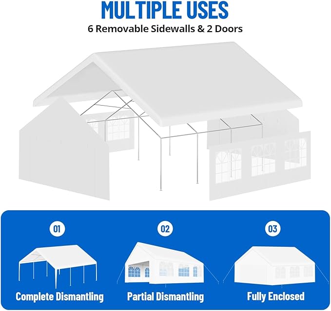 20'X20' Party Tent with Removable Sidewall Windows, Outdoor Heavy Duty Wedding Gazebo, Event Shelter Wedding Canopy Tent for Parties Carport BBQ, White & Straight Edge