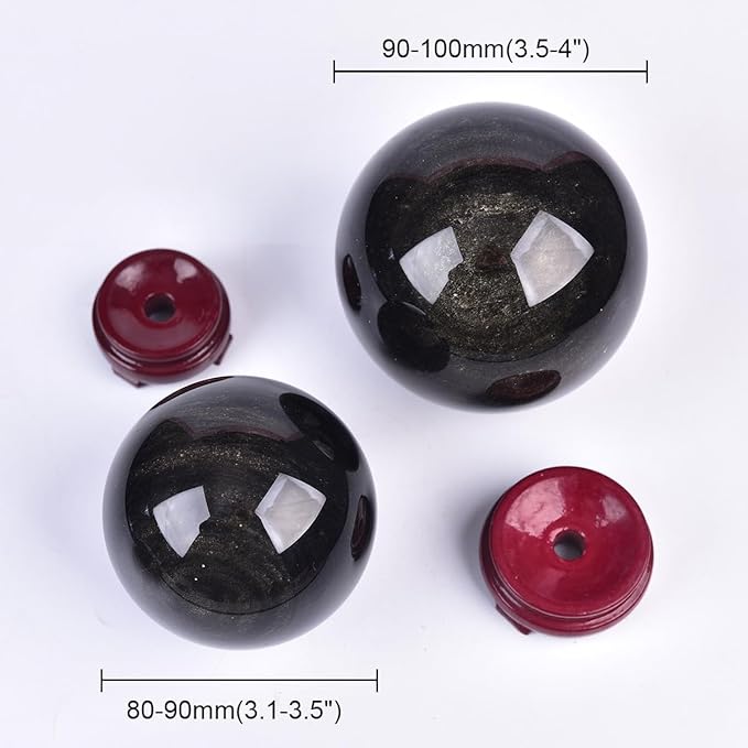 JIC Gem Large Golden Obsidian Crystal Sphere Quartz Crystal Ball with Stand Healing Ornament Witchcraft Meditation Home Decor 3.1-3.5 inch(80-90mm)
