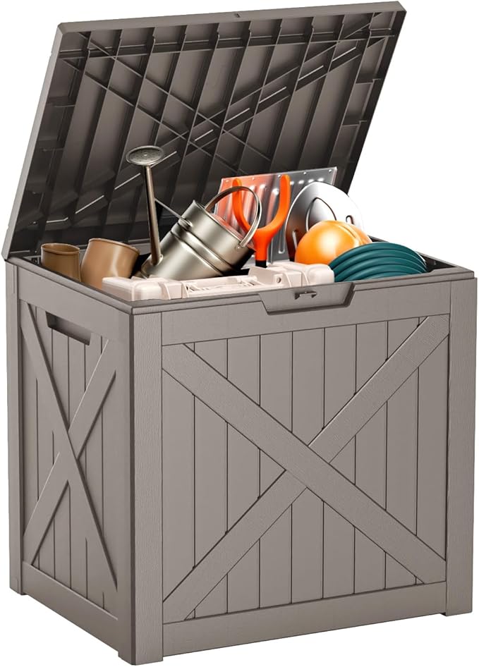 ROJIK 35 Gallon Outdoor Storage Housing Deck Box,Waterproof Patio Furniture, Garden Tools, Cushions, Pool Accessories Storage Bench with Lockable Lid and Side Handles(Grey)